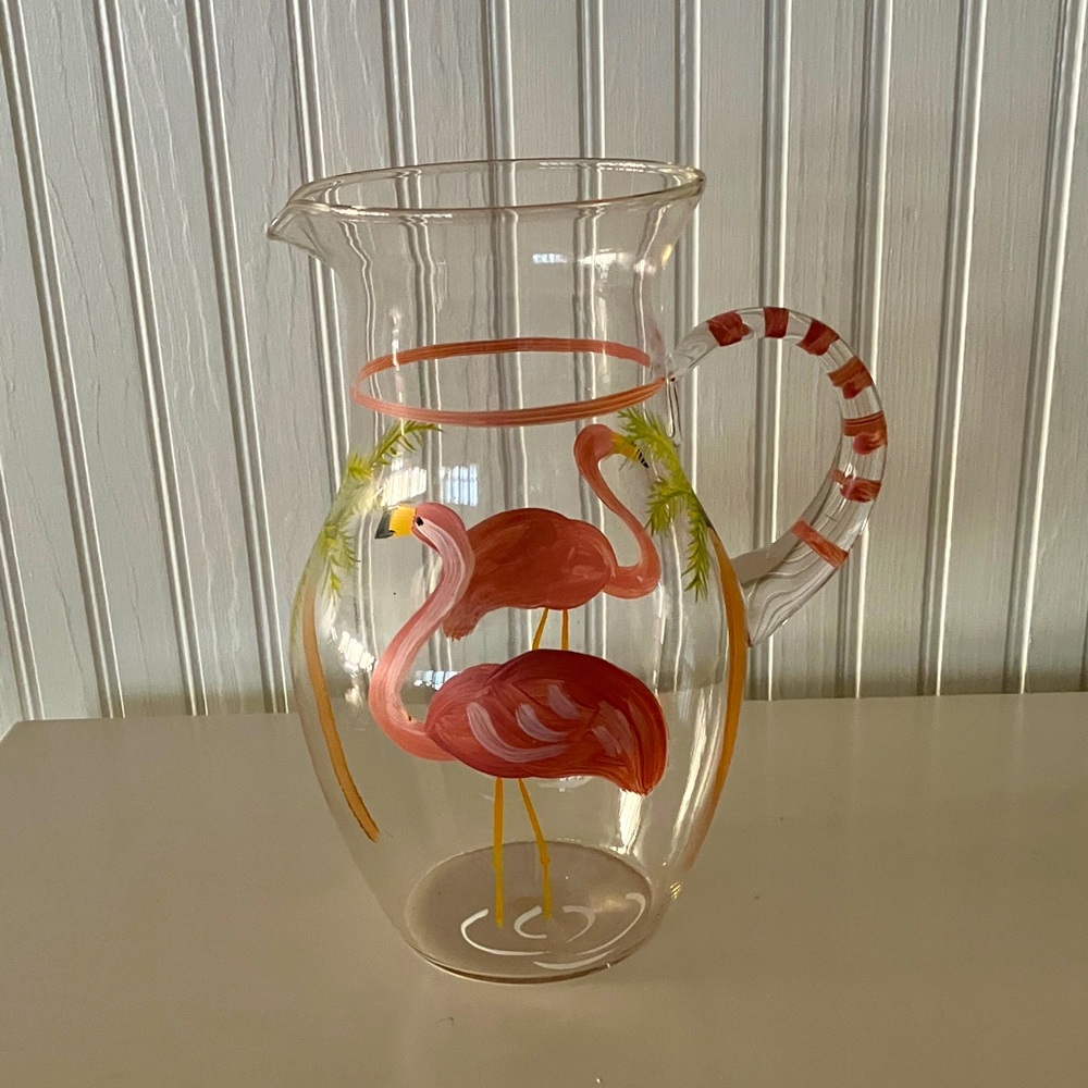 Handpainted Clear Glass “Flamingo” Pitcher Holds 2 Quarts